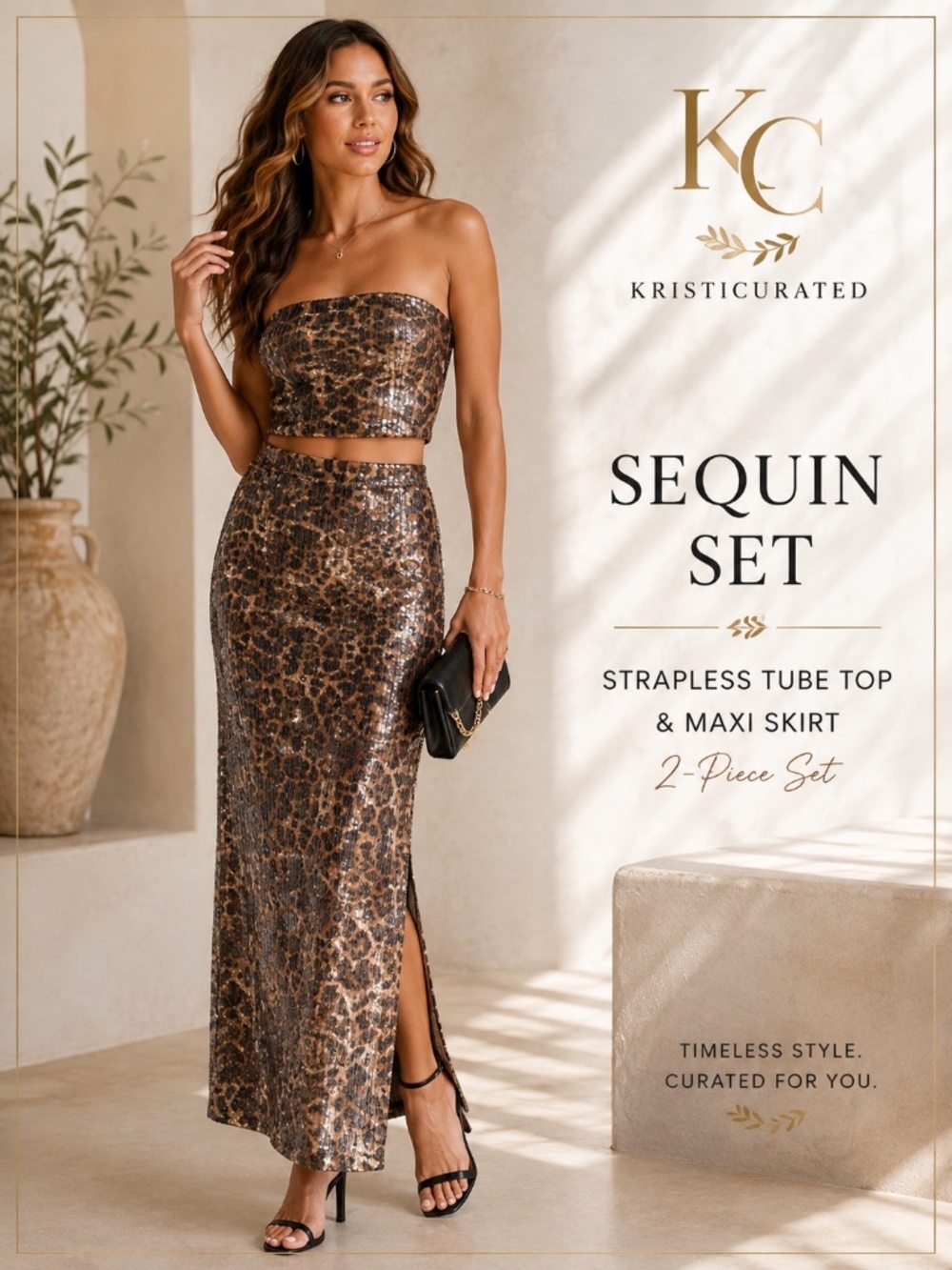 Sequin Leopard Print Strapless Top & Maxi Skirt Set, 2-Piece, Medium, NWT